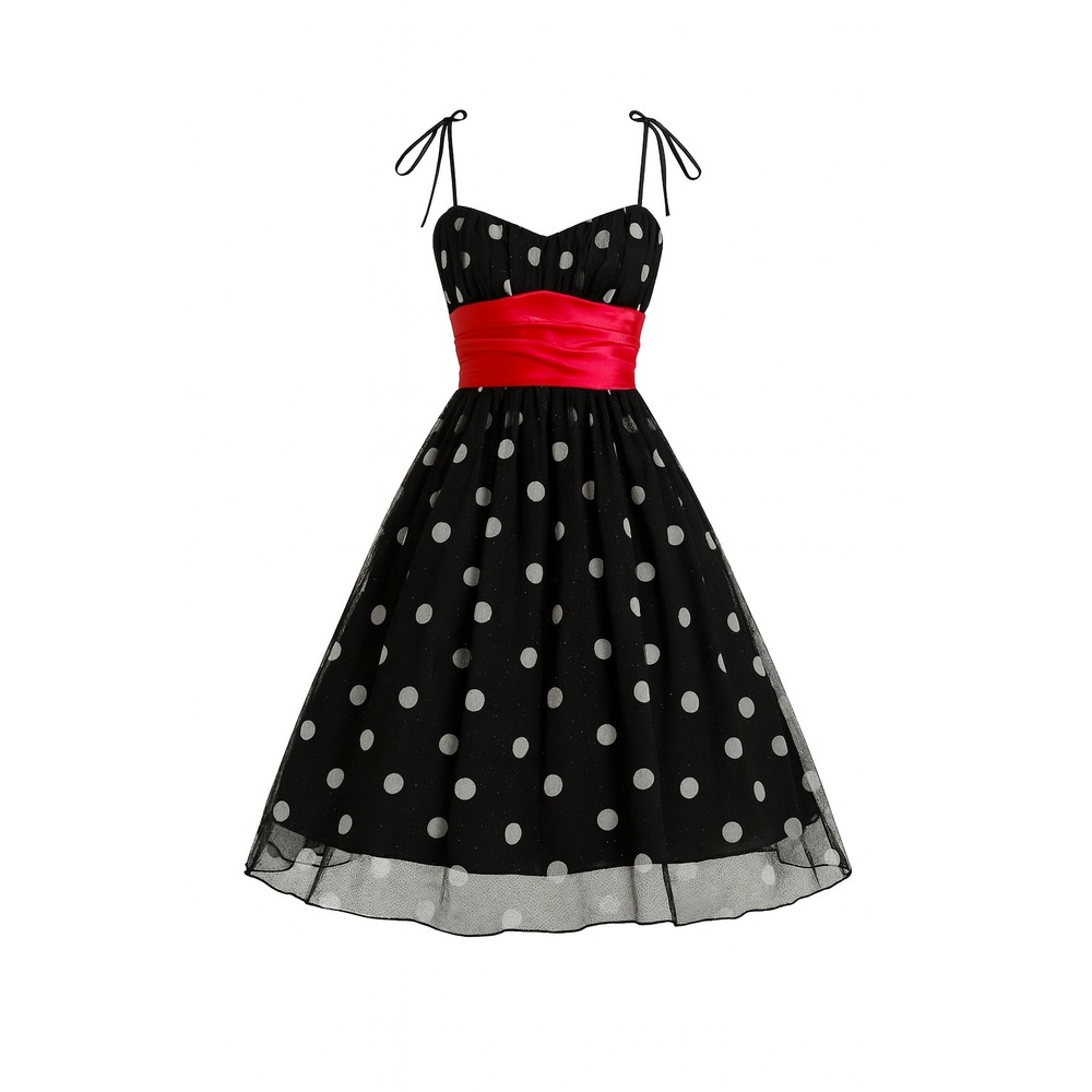 City Triangles Dress Black White Polka Dot Red Sash Party Cocktail